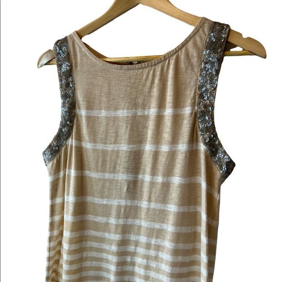 J CREW Silk Sequin Trim Tan & Silver Stripe Cotton High Neck Sleeveless Top S - Picture 2 of 8